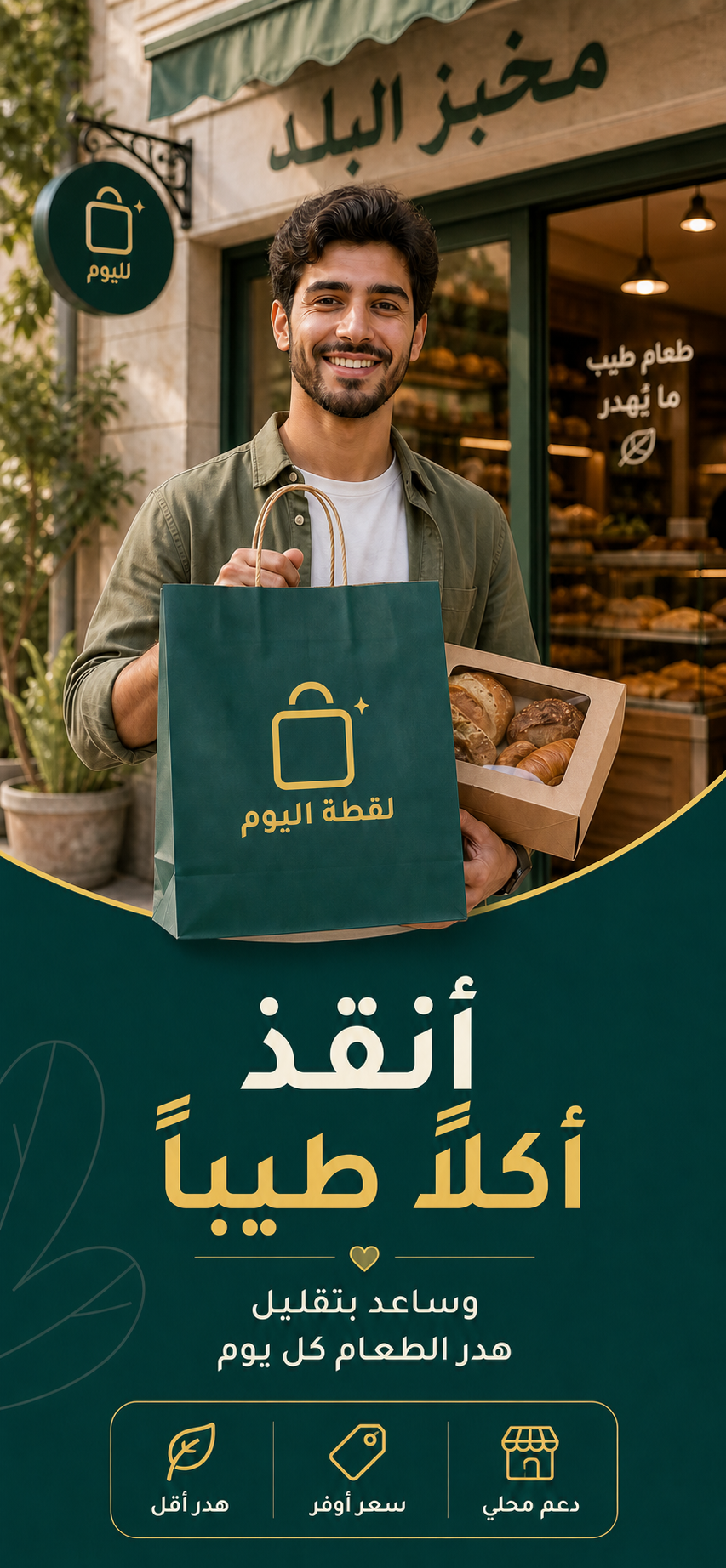 زبون يحمل كيس لقطة اليوم أمام مخبز